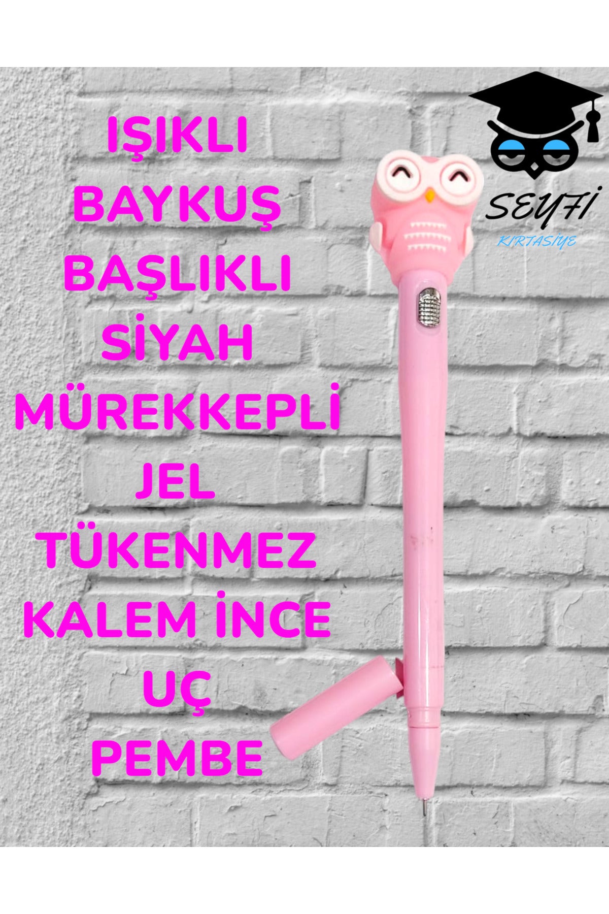 IŞIKLI BAYKUŞ BAŞLIKLI SİYAH MÜREKKEPLİ JEL TÜKENMEZ KALEM İNCE UÇ