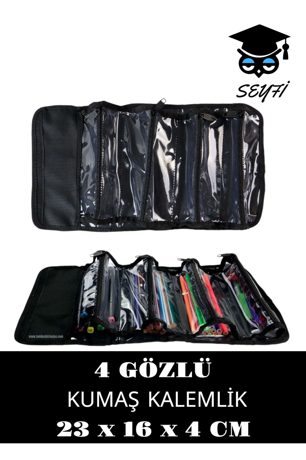 Sanatsal 4 Gözlü Kalem Çantası Dörtgen Siyah 23 x 16 x 4 cm Şeffaf bölmeli kalemler dahil değildir