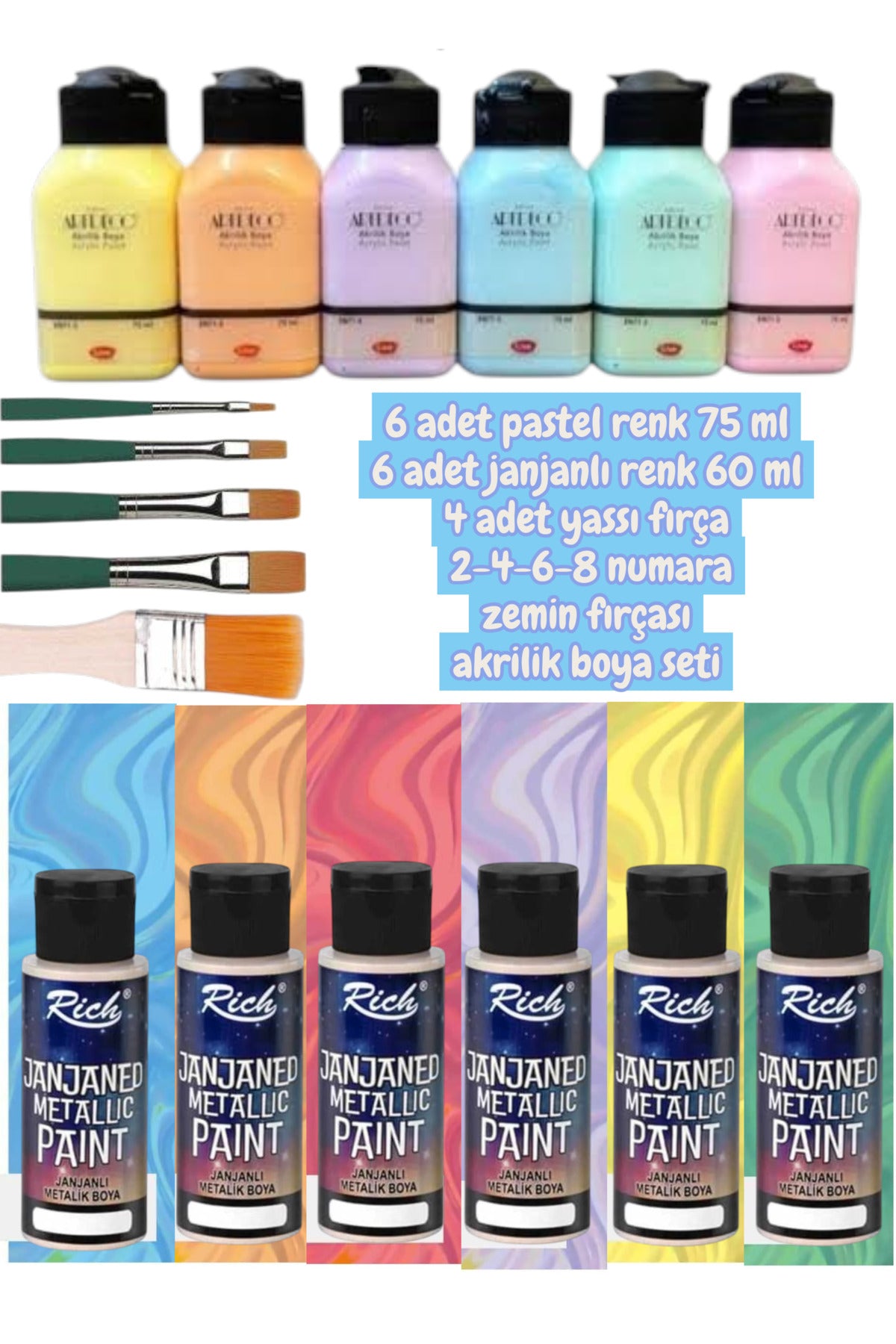 6 adet pastel renk 75 ml 6 adet janjanlı renk 60 ml 4 adet yassı fırça 2-4-6-8 numara zemin fırçası