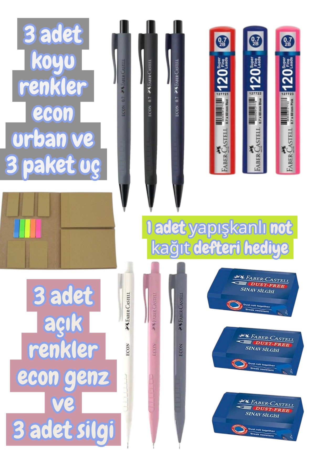 3 adet econ urban ve 3 adet econ genz seti 3 paket 120 li uç ve 3 adet sınav silgisi defter hediyeli