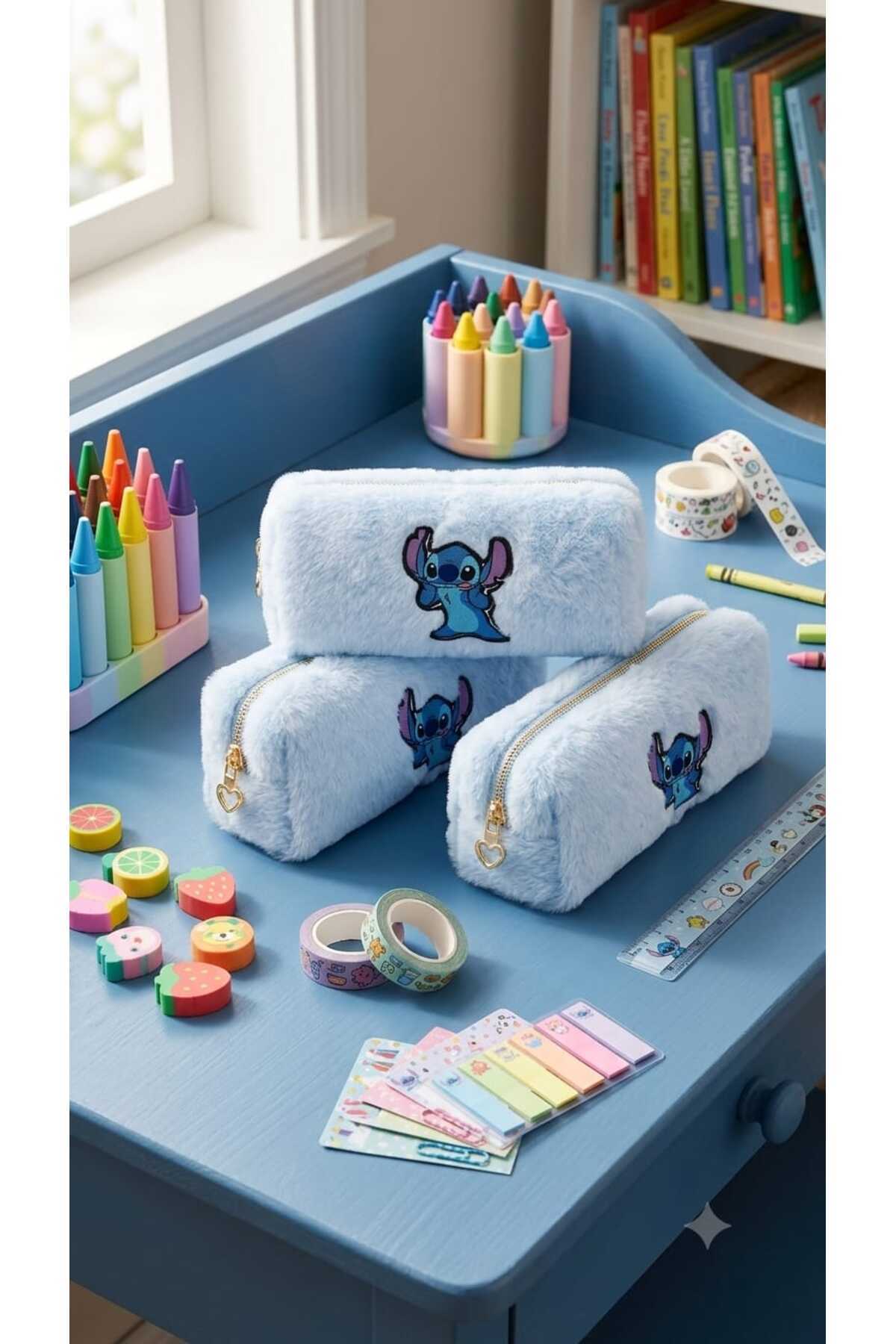 Peluş Kalem Kutusu Kalemlik Kalem Çantası 6x10x19 cm orta boy buz mavi yarasa