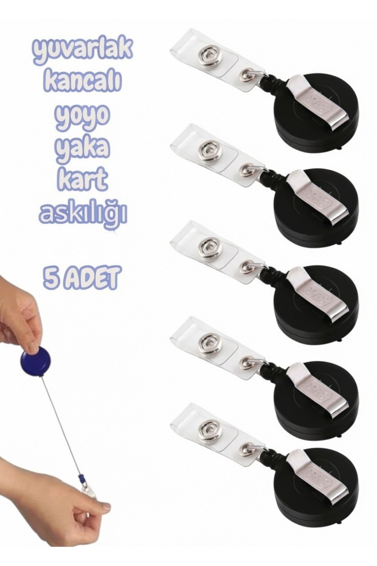 yuvarlak kancalı yoyo yaka kart askılığı SİYAH 5 ADET