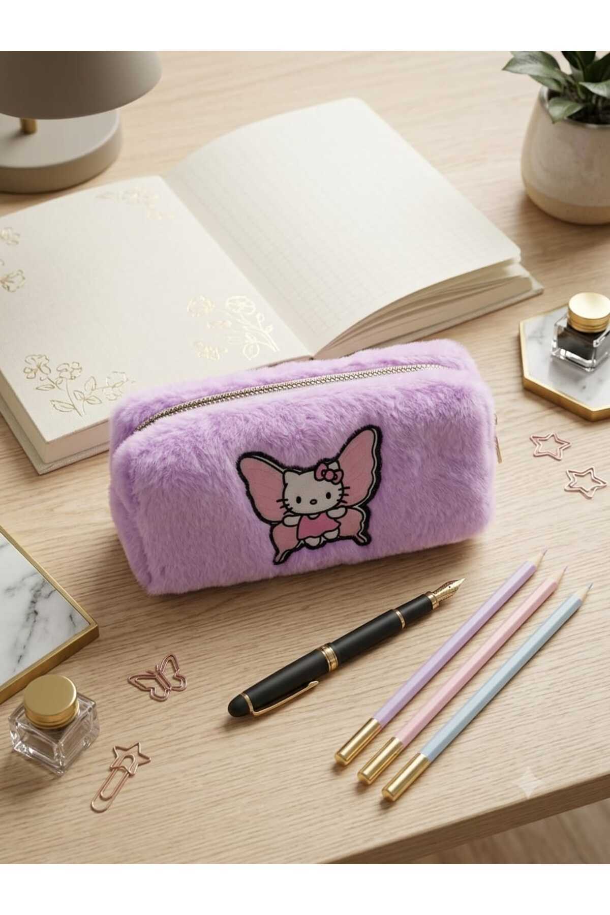 Peluş Kalem Kutusu Kalemlik Kalem Çantası 6x10x19 cm orta boy pembe kitty