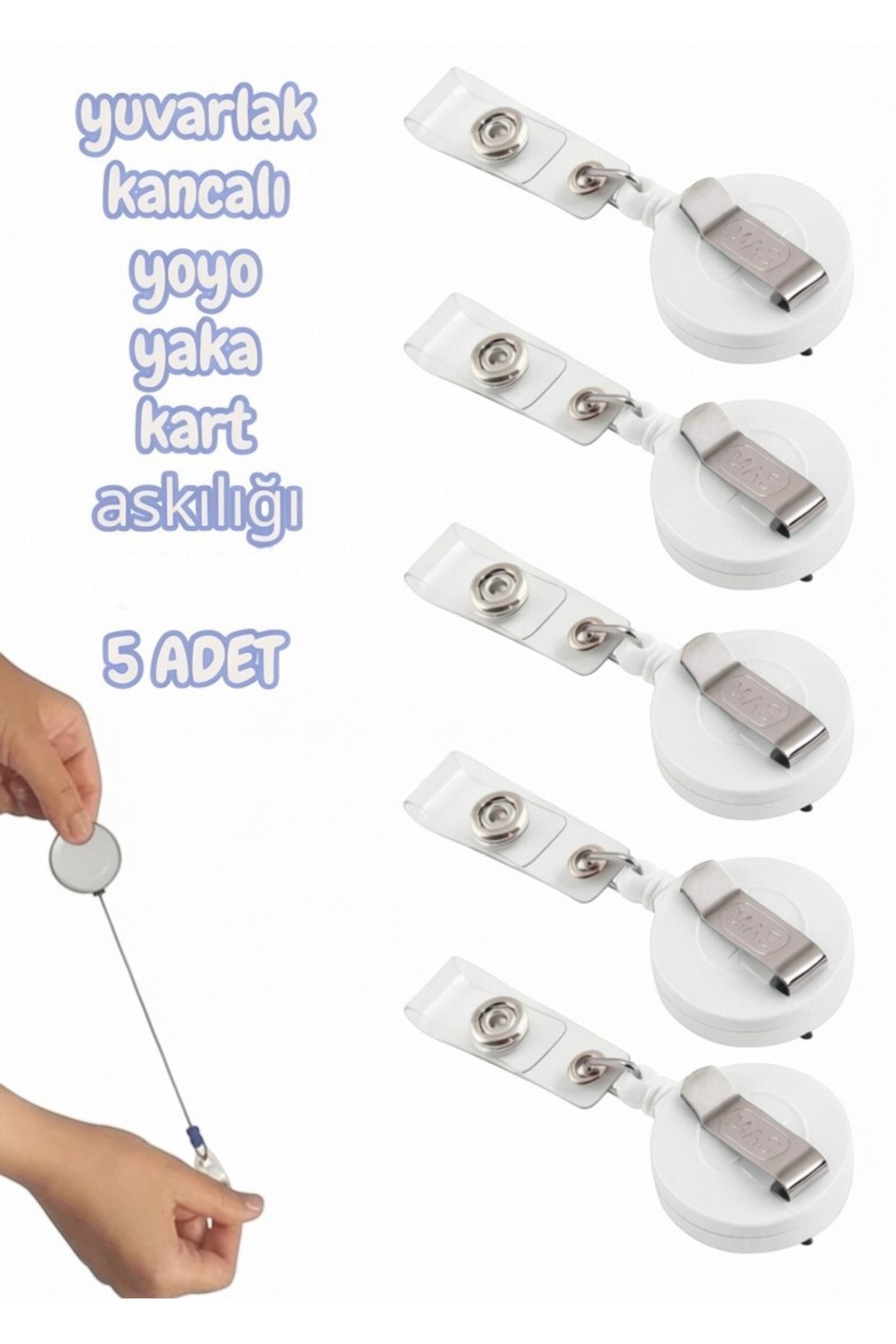 yuvarlak kancalı yoyo yaka kart askılığı BEYAZ 5 ADET