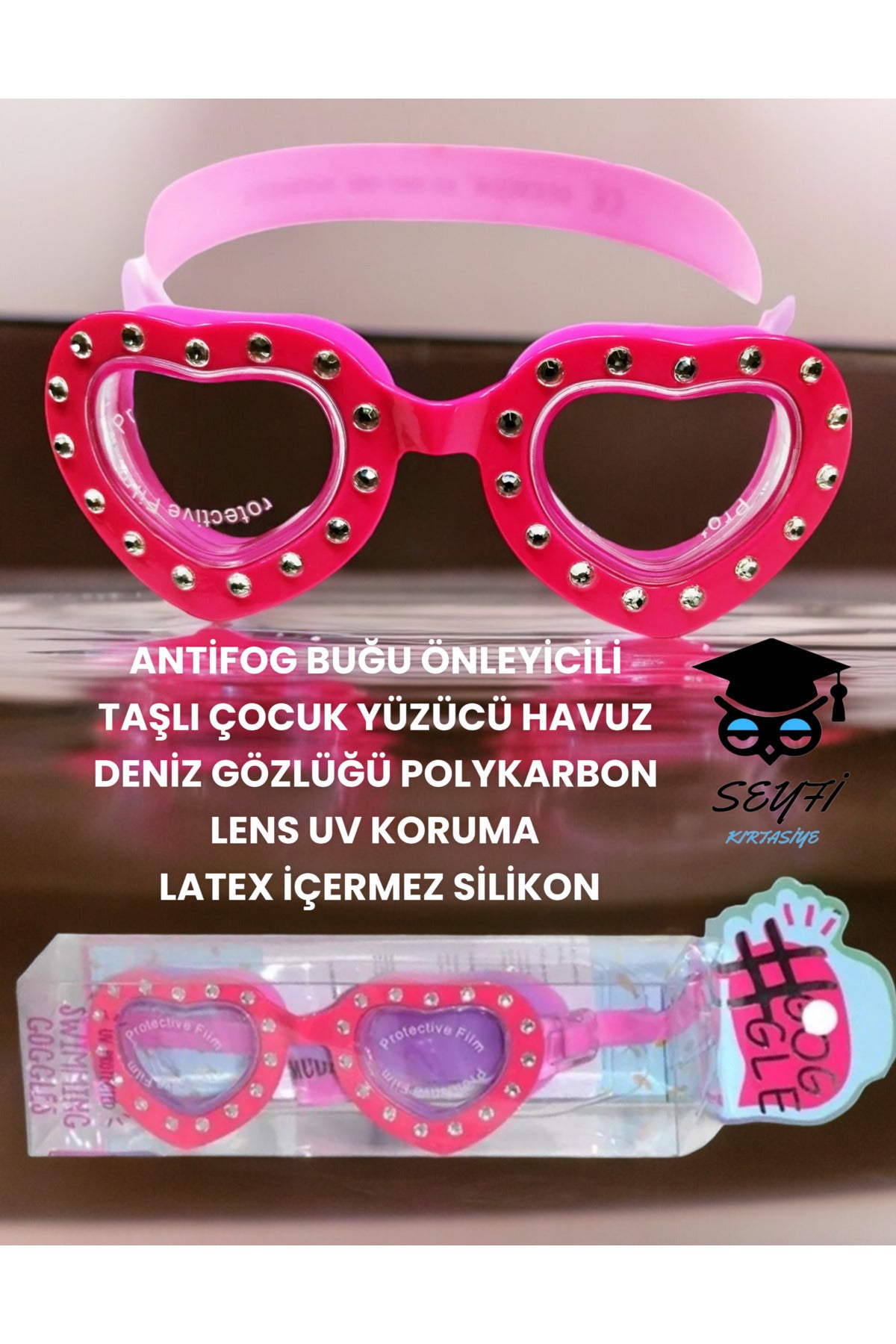 Pembe taşlı çocuk yüzücü havuz deniz gözlüğü, UV korumalı, antifog, polikarbon lens