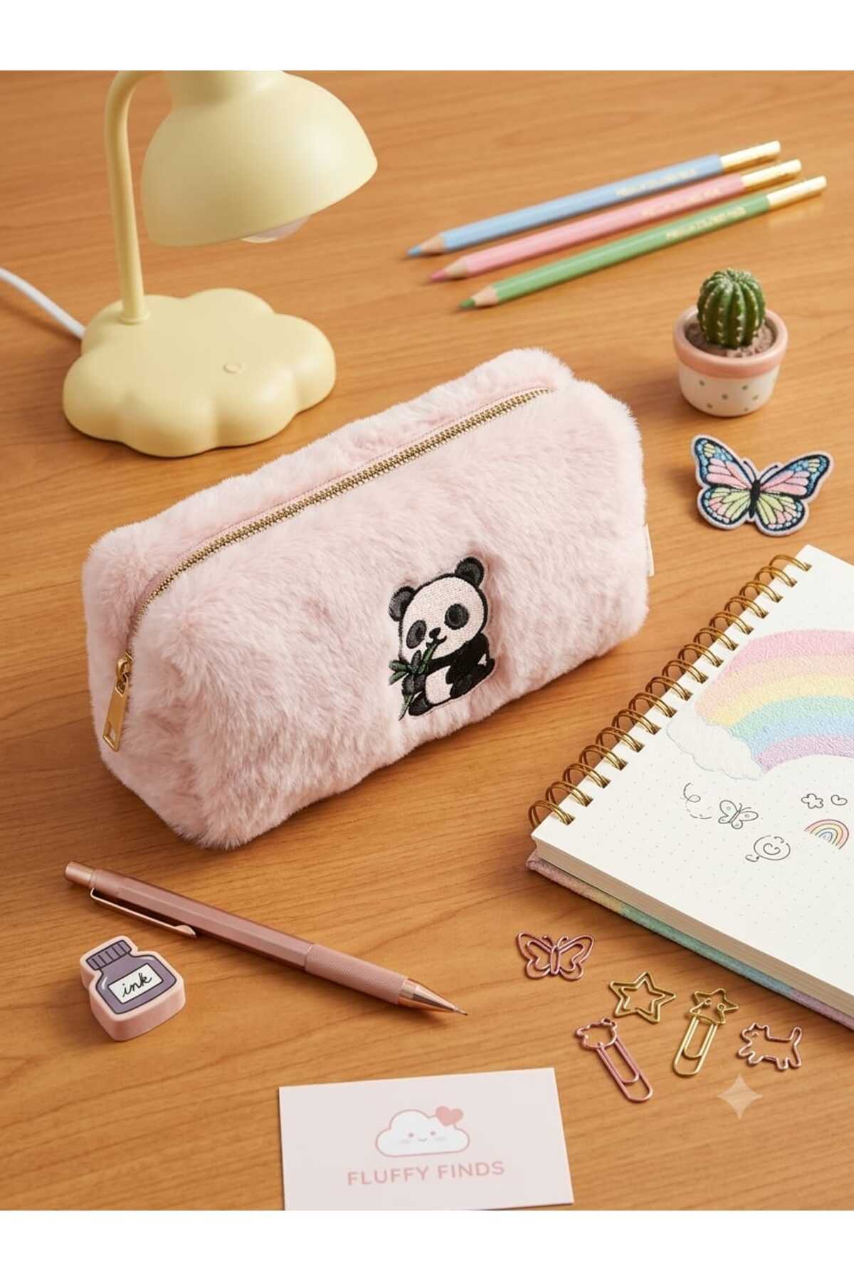 Peluş Kalem Kutusu Kalemlik Kalem Çantası 6x10x19 cm orta boy pembe panda