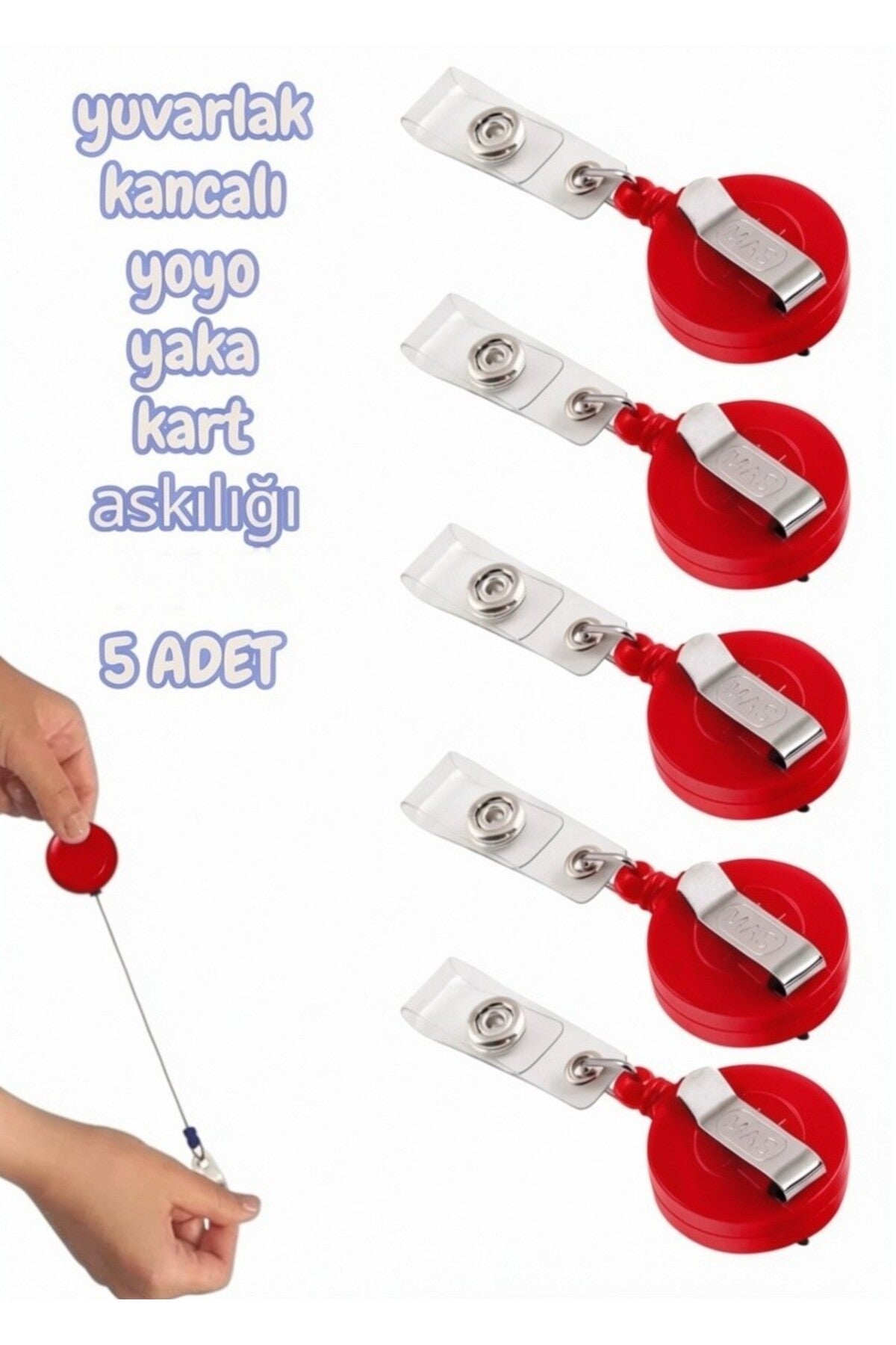 yuvarlak kancalı yoyo yaka kart askılığı KIRMIZI 5 ADET