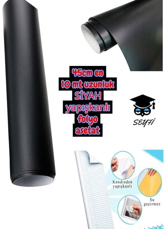 45cm en  10 mt uzunluk SİYAH yapışkanlı folyo asetat