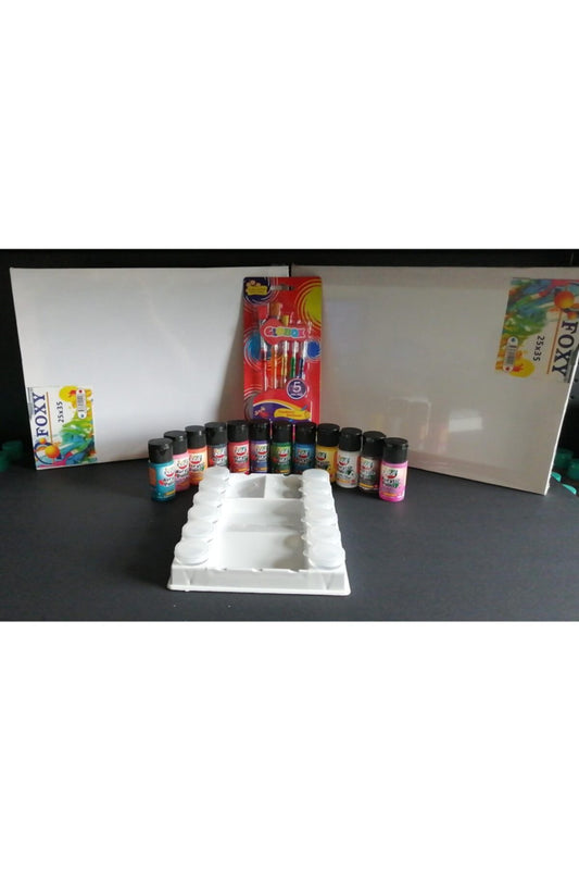 Akrilik Boya Seti 12 Renk+5li Fırça Seti+şişeli Palet+2 Adet Tuval 25x35