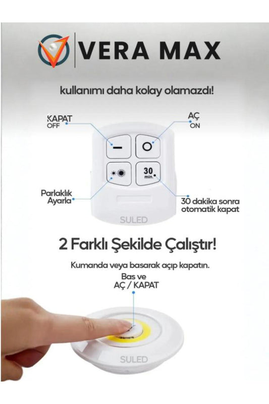 3 Lü Kumandalı Yapışkanlı Kablosuz Pilli Led Spot Lamba Işıldak seti