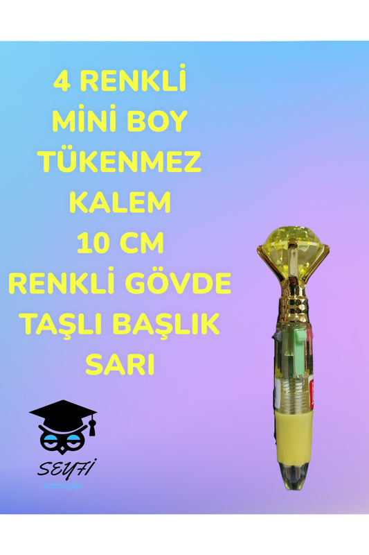 4 RENKLİ MİNİ BOY TÜKENMEZ KALEM 10 CM RENKLİ GÖVDE TAŞLI BAŞLIK ÇOK RENKLİ TÜKENMEZ KALEM