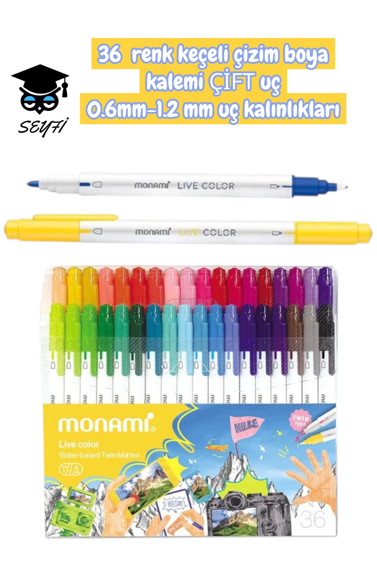 monami 36 renk keçeli çizim boya kalemi ÇİFT uç 0.6mm-1.2 mm uç kalınlıkları