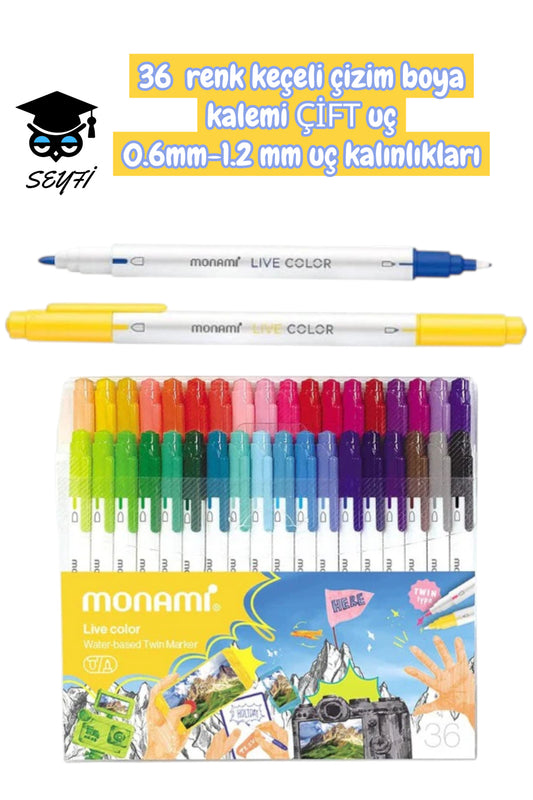 monami 36 renk keçeli çizim boya kalemi ÇİFT uç 0.6mm-1.2 mm uç kalınlıkları