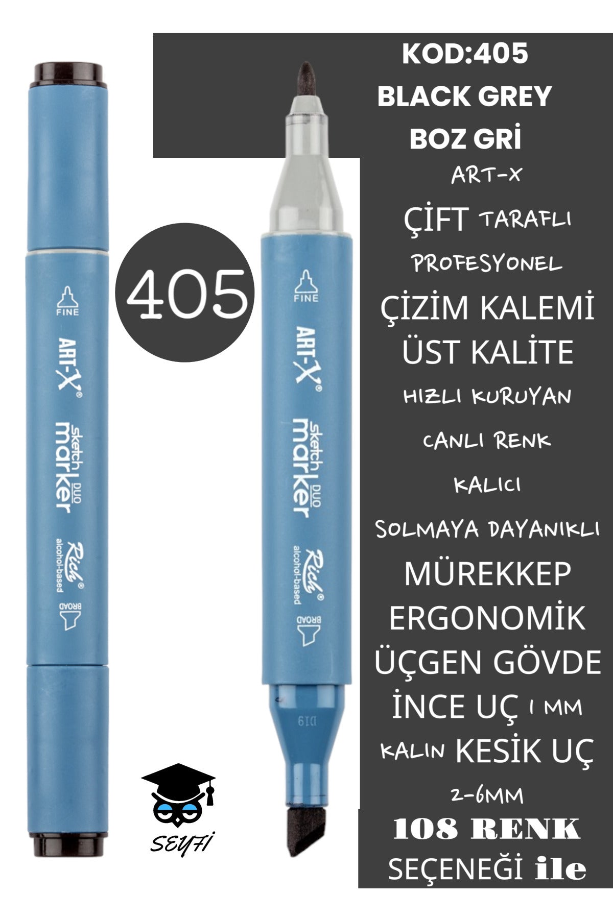 ÇİFT TARAFLI PROFESYONEL ÇİZİM KALEMİ KALICI MÜREKKEP ÜÇGEN GÖVDE İNCE UÇ 1 MM KESİK UÇ 2-6MM SKETCH