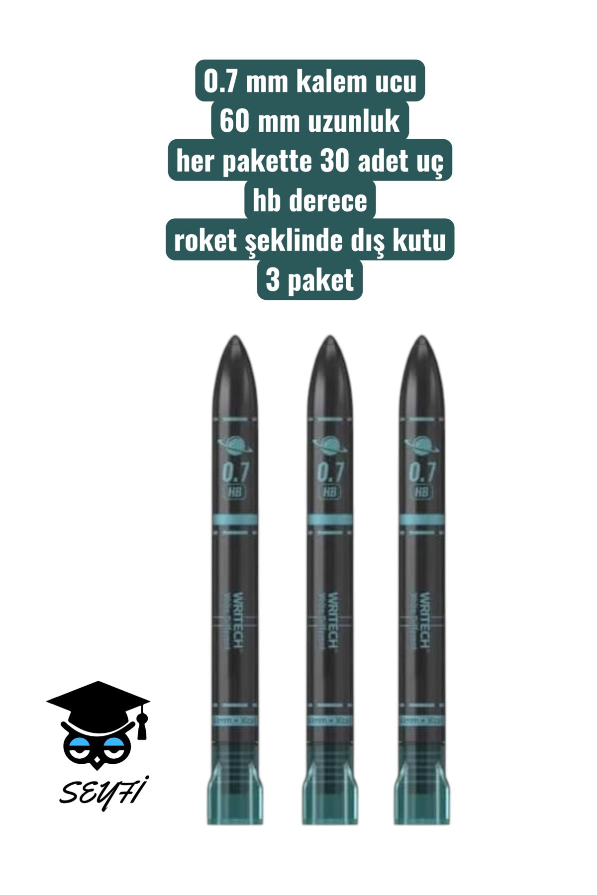 0.7 mm kalem ucu 60 mm uzunluk her pakette 30 adet uç hb derece roket şeklinde dış kutu 3 paket