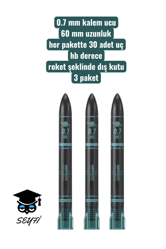 0.7 mm kalem ucu 60 mm uzunluk her pakette 30 adet uç hb derece roket şeklinde dış kutu 3 paket