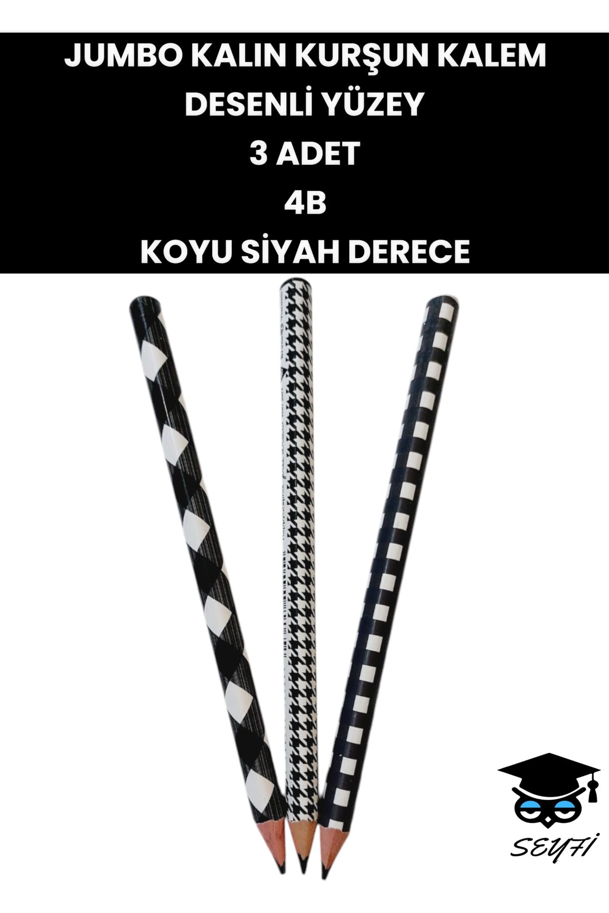 JUMBO KALIN KURŞUN KALEM DESENLİ YÜZEY 3 ADET 4B KOYU SİYAH DERECE