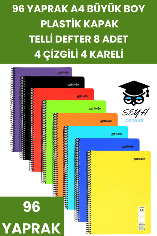 96 YAPRAK A4 TELLİ DEFTER 8 ADET 4 ÇİZGİLİ 4 KARELİ PLASTİK KAPAK