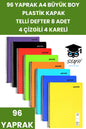 96 YAPRAK A4 TELLİ DEFTER 8 ADET 4 ÇİZGİLİ 4 KARELİ PLASTİK KAPAK