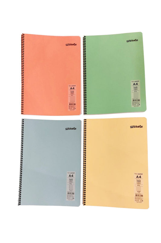 Mynote 4 Adet Pastel Renk 120 Yaprak Kareli Telli A4 Büyük Boy Defter 60gr Beyaz Kağıt