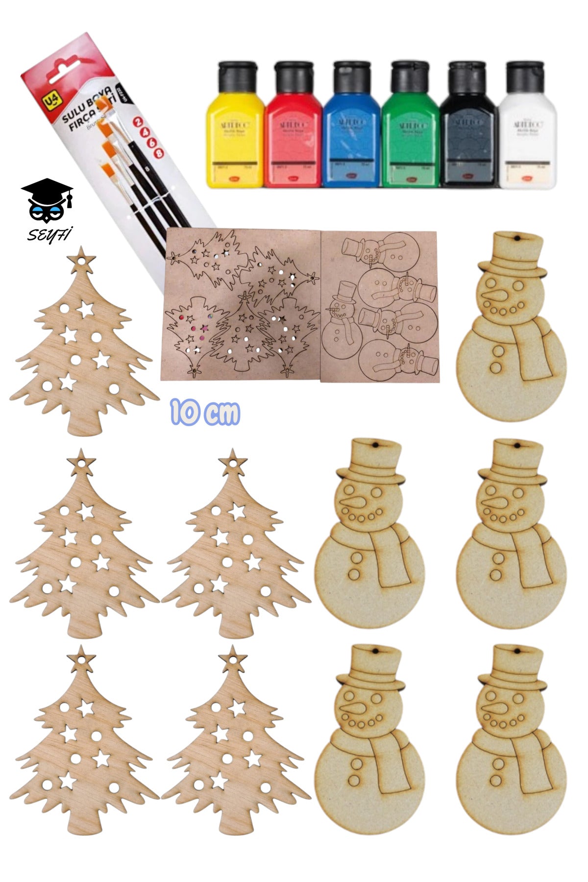 ahşap boyama parçalar yılbaşı özel 6x75 ml akrilik boya ve 4 adet fırça ile
