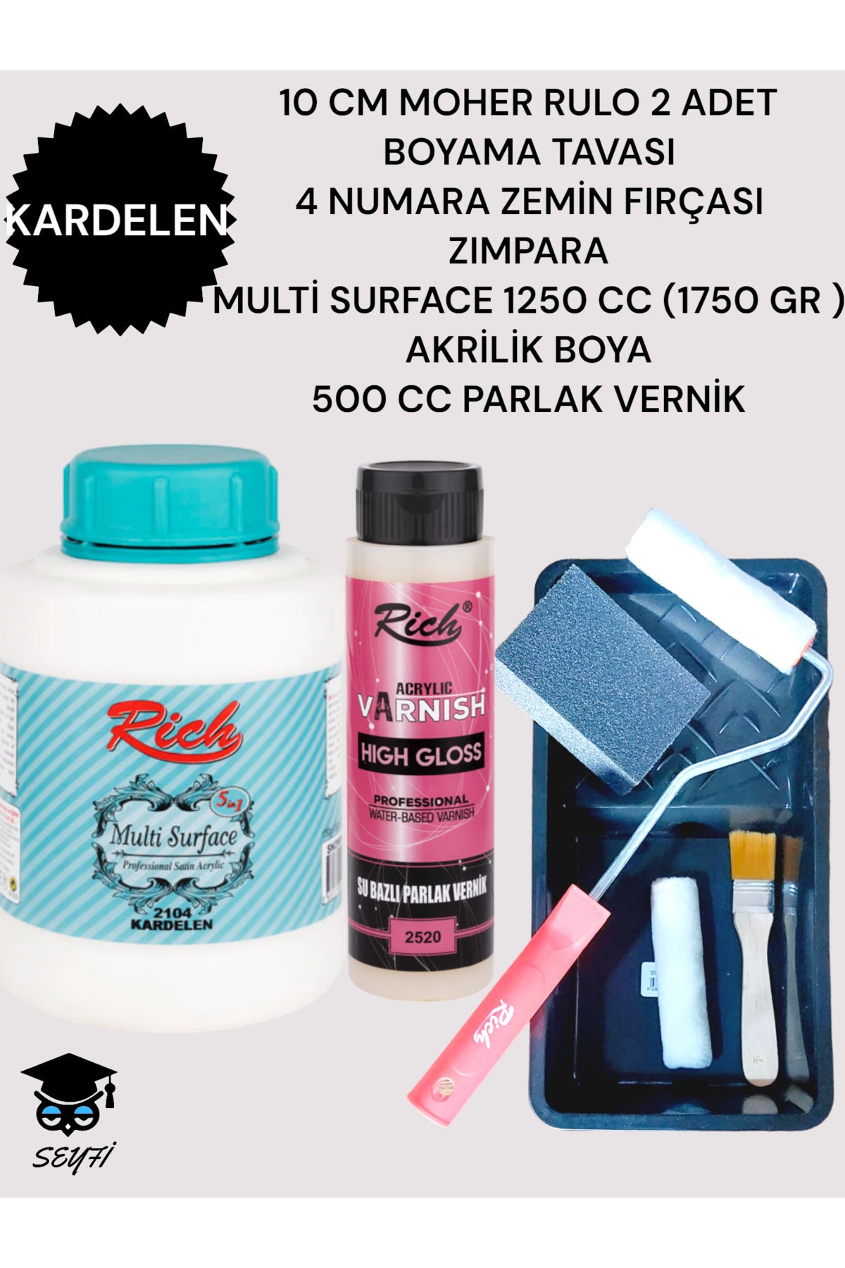 Multi Surface 1250 cc (1750 Gr) Akrilik Boyama Seti TAVA RULO FIRÇA ZIMPARA VERNİK DOLAP BOYAMA SETİ