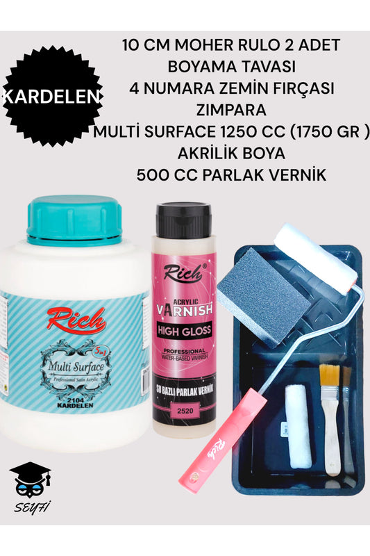 Multi Surface 1250 cc (1750 Gr) Akrilik Boyama Seti TAVA RULO FIRÇA ZIMPARA VERNİK DOLAP BOYAMA SETİ