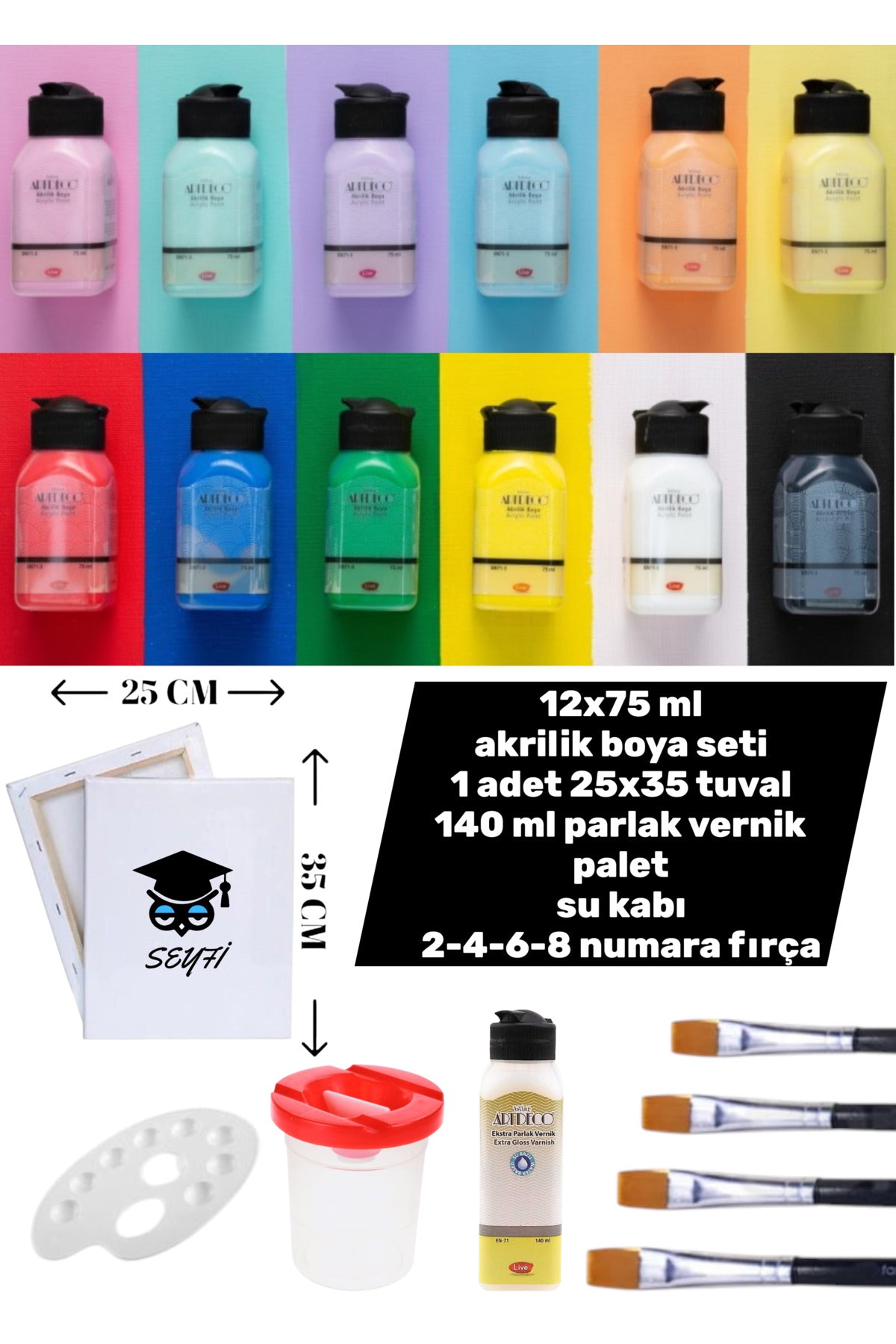 12x75 ml akrilik boya seti 1 adet 25x35 tuval 140 ml parlak vernik palet su kabı 2-4-6-8 fırça