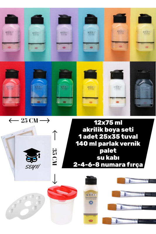 12x75 ml akrilik boya seti 1 adet 25x35 tuval 140 ml parlak vernik palet su kabı 2-4-6-8 fırça