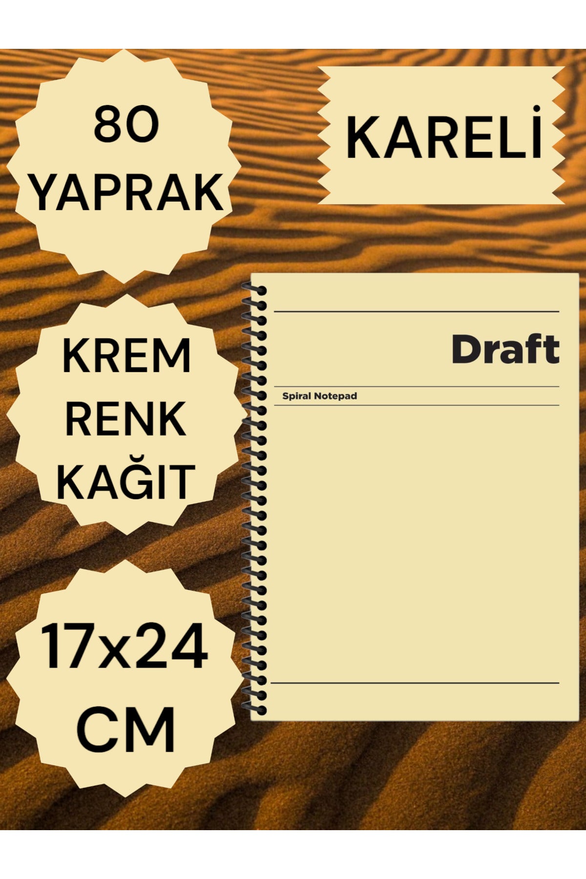 KARELİ 17X24 CM SERT KAPAK NOT DEFTERİ KREM RENK KAĞIT 80 YAPRAK