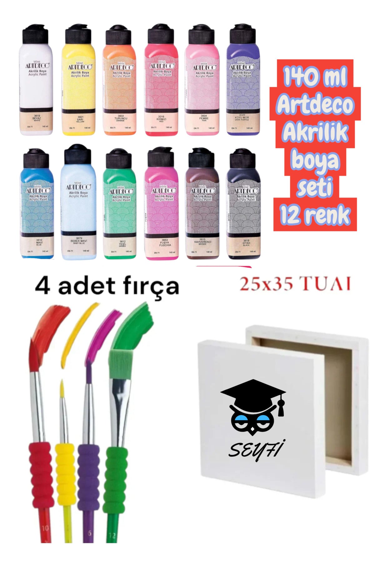 Artdeco Akrilik Boya 12 Renk X 140 Ml 6 Li Firça Seti Ve 25x35 Tual