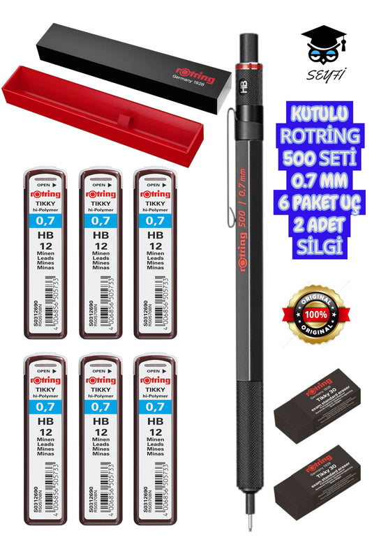 KUTULU ROTRİNG 500 UÇLU KALEM SETİ VERSATİL KALEM 6 PAKET UÇ 2 ADET SİLGİ