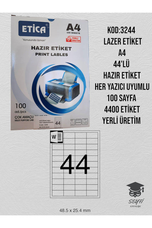 3244 LAZER ETİKET A4 44'LÜ HAZIR ETİKET HER YAZICI UYUMLU 100 SAYFA 4400 ETİKET YERLİ ÜRETİM
