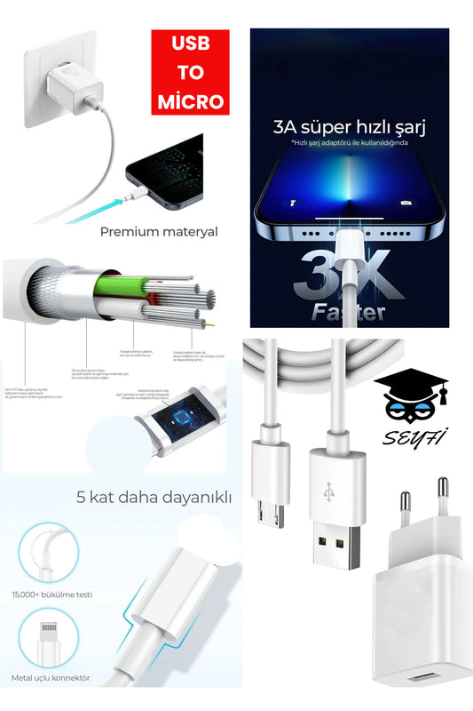 USB - MİCRO şarj aleti adaptör ve 1 metre kablo 3A AC 110-240V