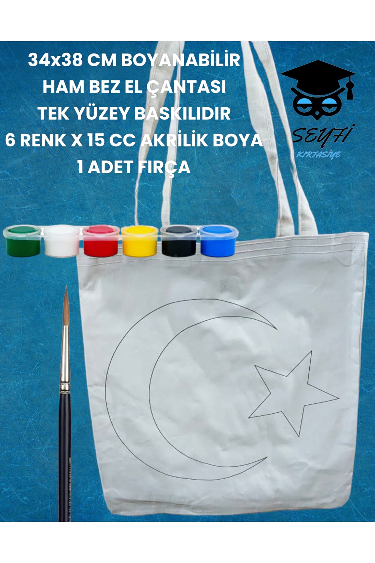 34x38 CM BOYANABİLİR HAM BEZ EL ÇANTASI TEK YÜZEY BASKILIDIR 6 RENK X 15 CC AKRİLİK BOYA 1 FIRÇA