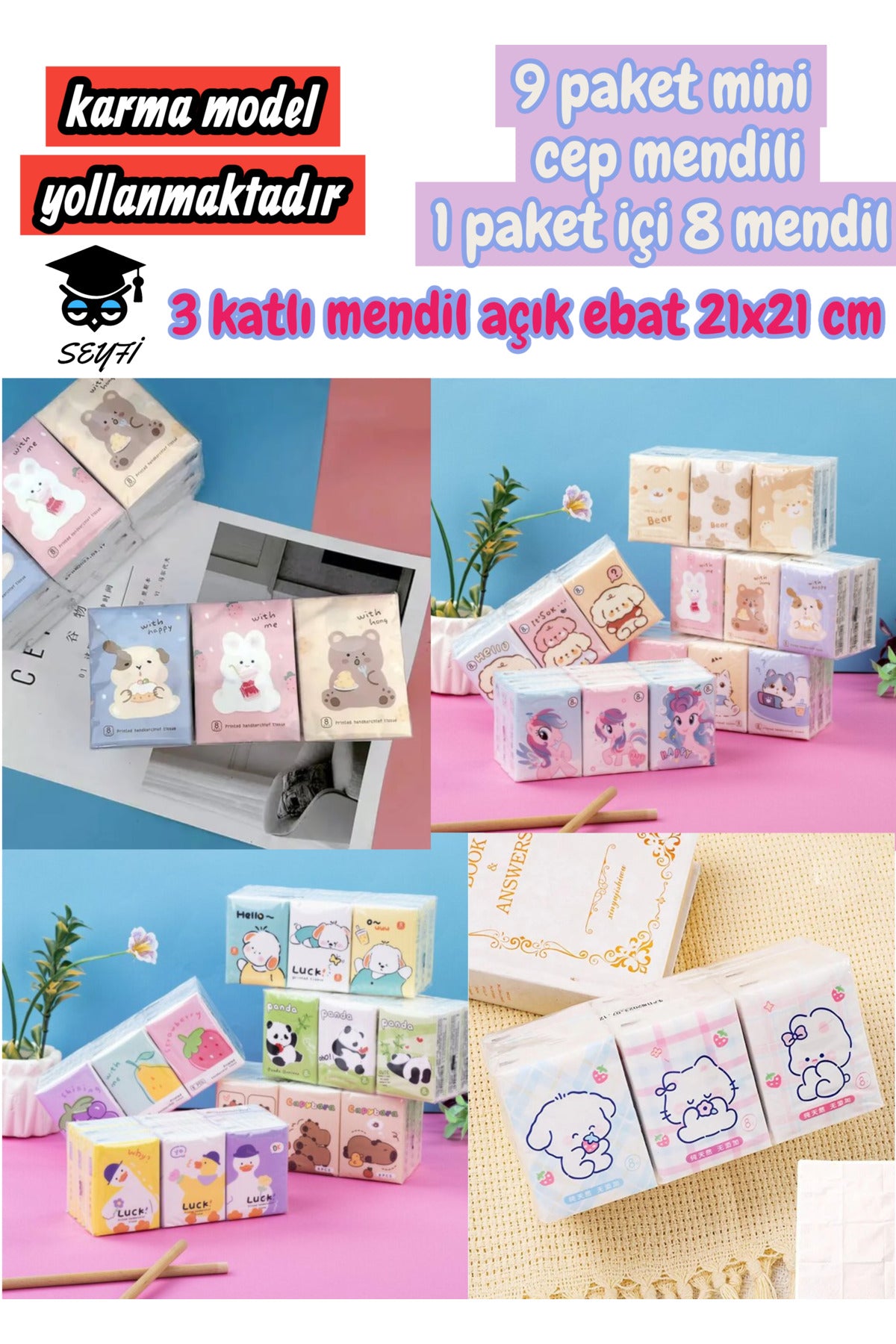 9 paket mini cep mendili 1 paket içi 8 mendil karma model yollanmaktadır