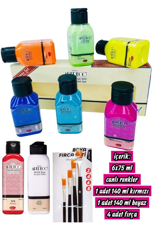 6x75 ml canlı renkler 1 adet 140 ml kırmızı 1 adet 140 ml beyaz 4 adet fırça macaron artdeco