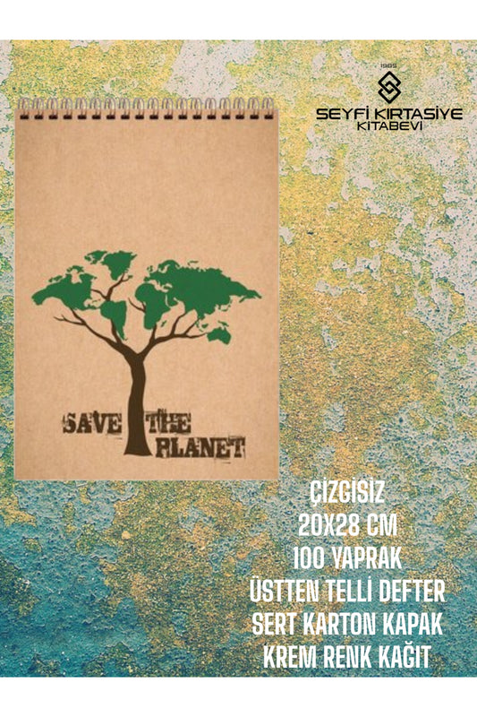ÇİZGİSİZ 20x28 CM 100 YAPRAK TELLİ DEFTER SERT KARTON KAPAK KREM RENK KAĞIT SAVE THE PLANET