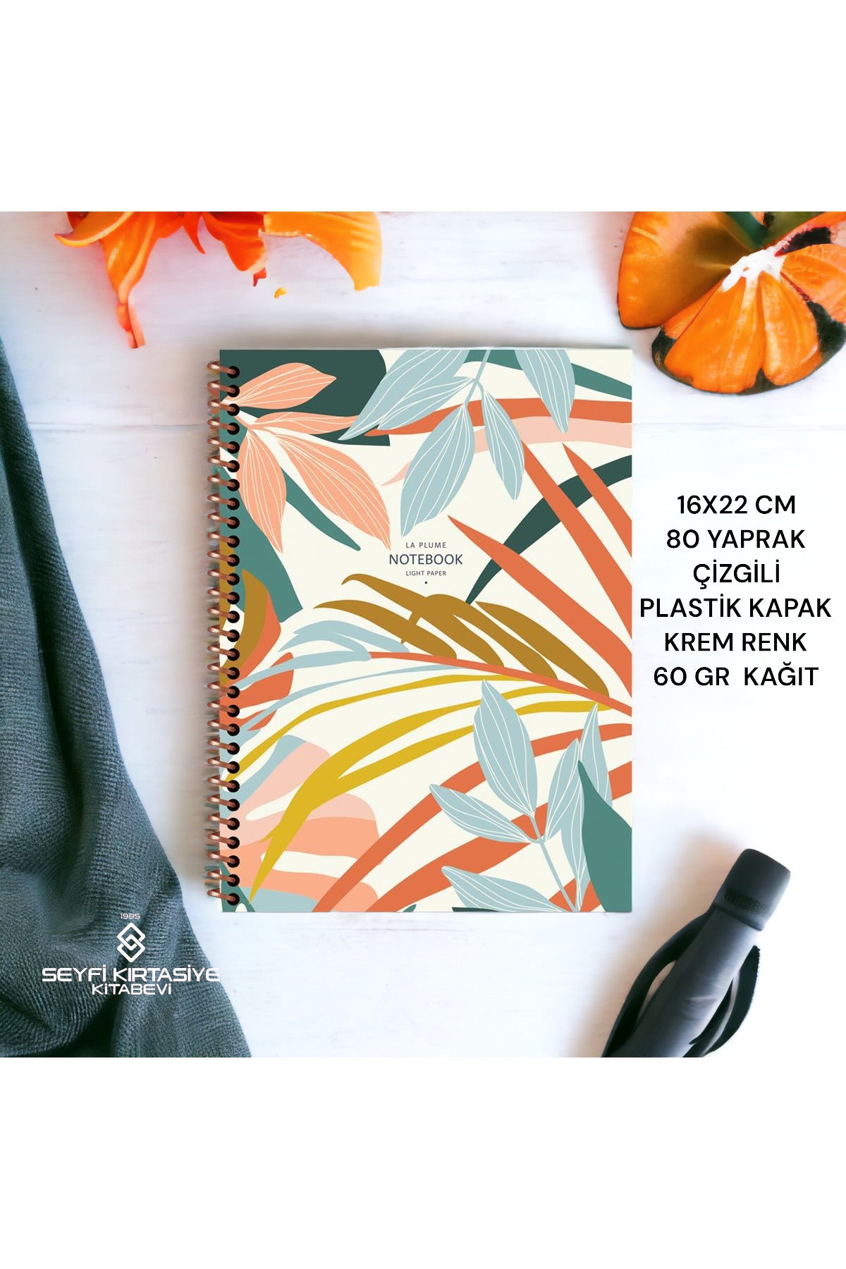 ÇİZGİLİ 16x22 CM 80 YAPRAK PLASTİK KAPAK TELLİ DEFTER KREM RENK 60 GR HAFİF KAĞIT