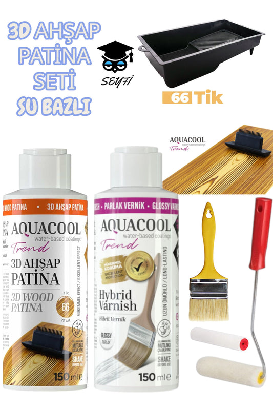 3d ahşap patina seti su bazlı 150 ml- parlak vernik 150 ml - boya tavası fırça rulo doku tarağı seti