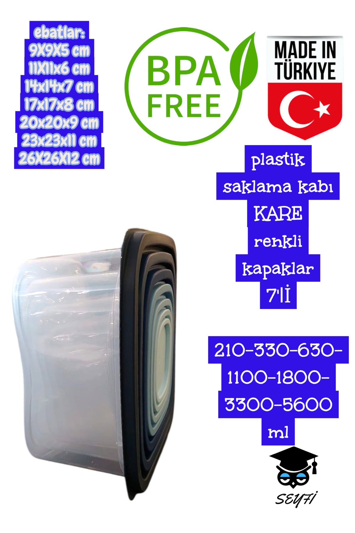 plastik saklama kabı KARE renkli kapaklar 7'lİ 210-330-630-1100-1800- 3300-5600 ml