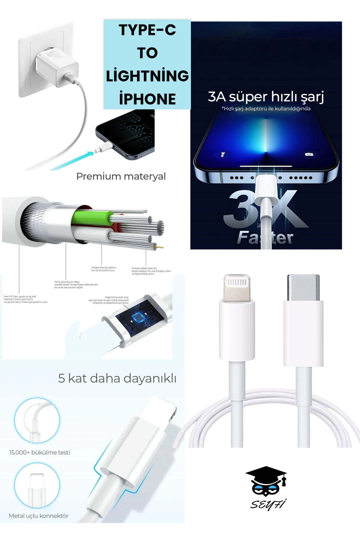 20W TYPE-C - LİGHTNİNG şarj kablosu 1 metre 3 A AC 110-240V samsung iphone ipad şarj kablosu