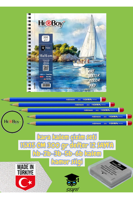 kara kalem çizim seti 15X15 CM 300 gr defter 12 SAYFA hb-2b-3b-5b-6b kalem hamur silgi herboy