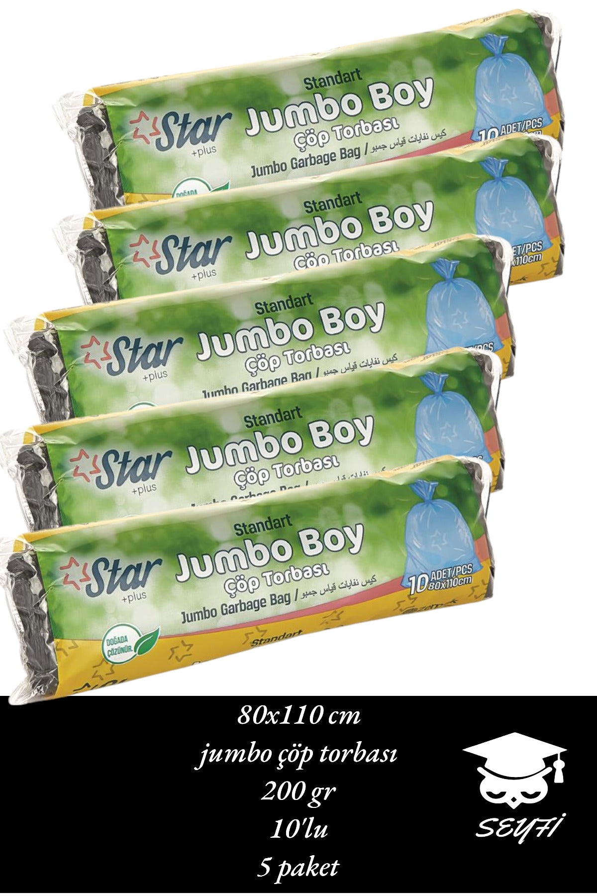 80x110 cm jumbo çöp torbası 200 gr 10'lu 5 paket