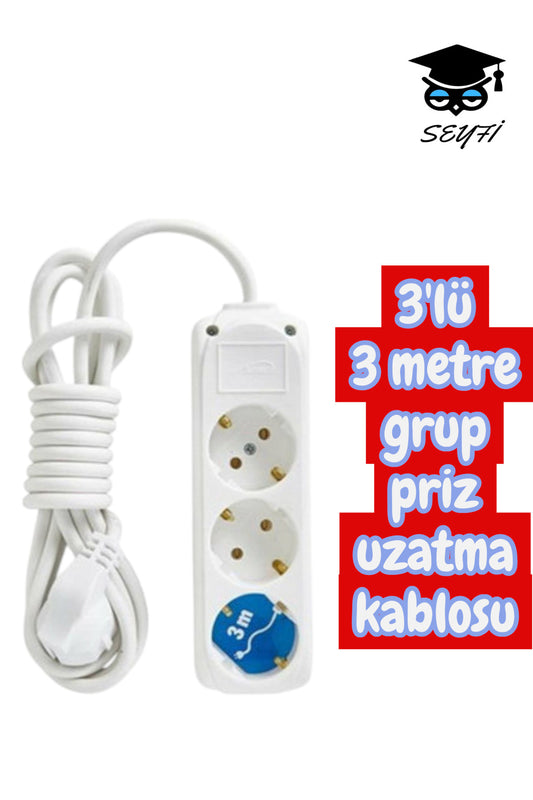 3'lü 3 metre grup priz uzatma kablosu TOPRAKLI