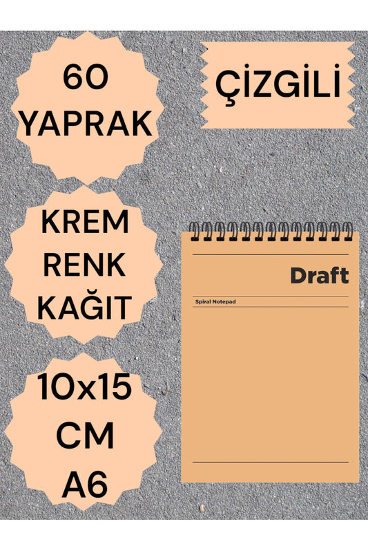 Çizgili 10x15 Cm A6 Üstten Açılır Not Defteri Krem Renk Kağıt 60 Yaprak