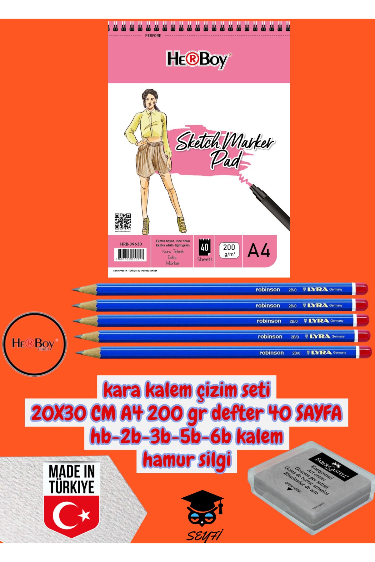 kara kalem çizim seti 20X30 CM A4 200 gr defter 40 SAYFA hb-2b-3b-5b-6b kalem hamur silgi