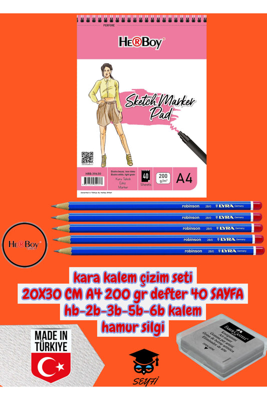 kara kalem çizim seti 20X30 CM A4 200 gr defter 40 SAYFA hb-2b-3b-5b-6b kalem hamur silgi