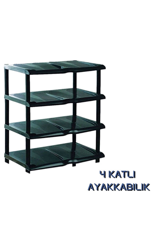4 Katlı Siyah Plastik Ayakkabılık, Şık ve Pratik Ayakkabı Rafı