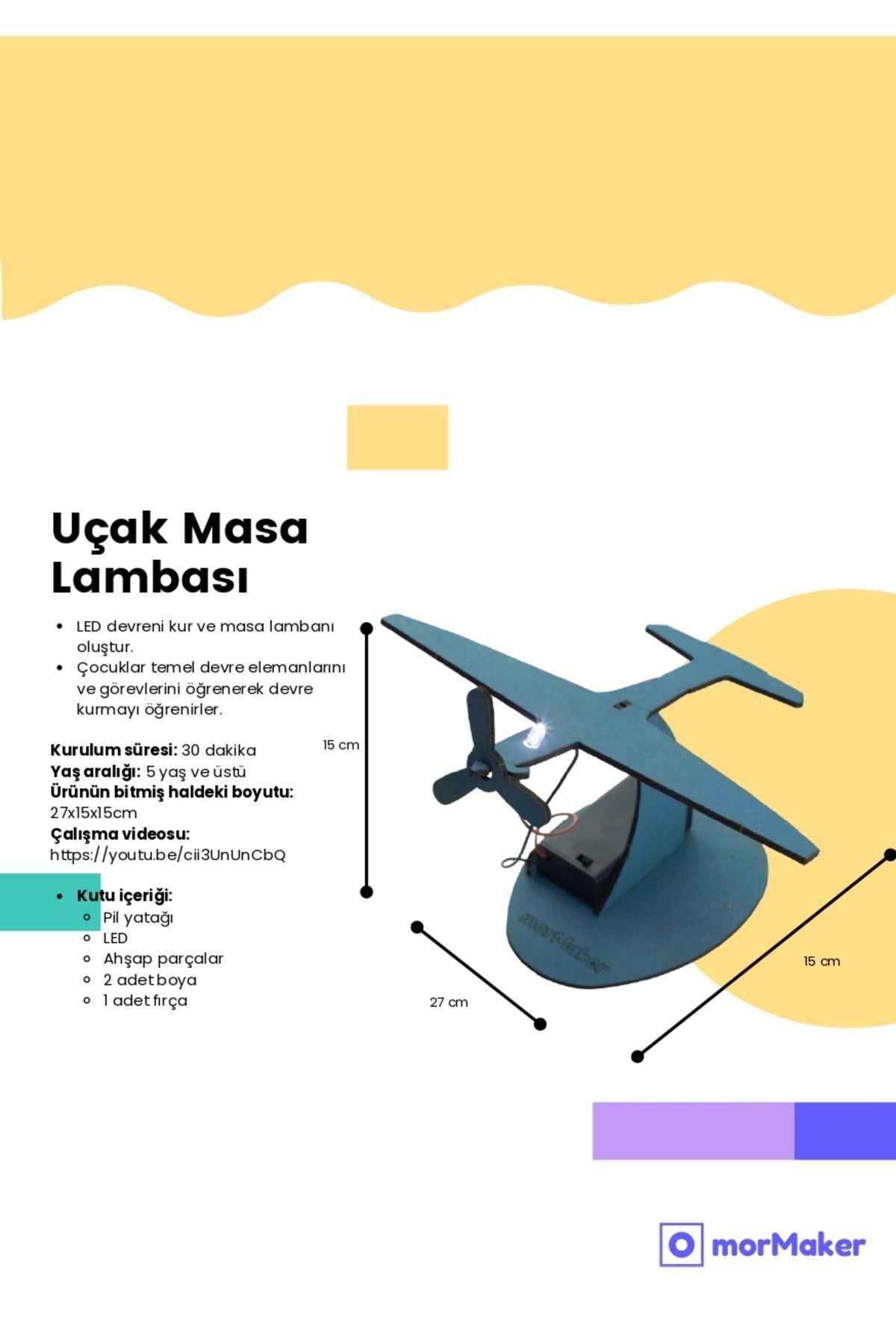 TÜRK MALI Uçak Masa Lambası Ahşap Oyuncak STEM-A Eğitim Seti Çocuklar için Boyanabilir Maket